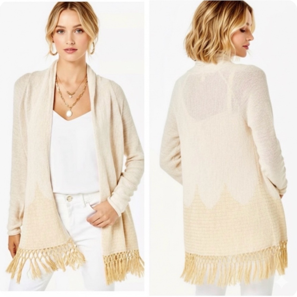 Lilly Pulitzer women Tatum fringe hem open front cardigan sweater‎ cotton blend